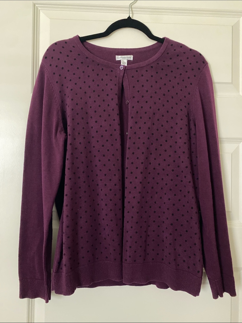 croft & barrow Plum Crewneck Cardigan with Black Polka Dots